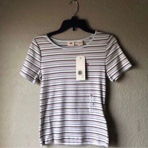 New Levi’s Shirt Women’s Blue & Black Striped Short Sleeve Casual Tee Top Sz Med